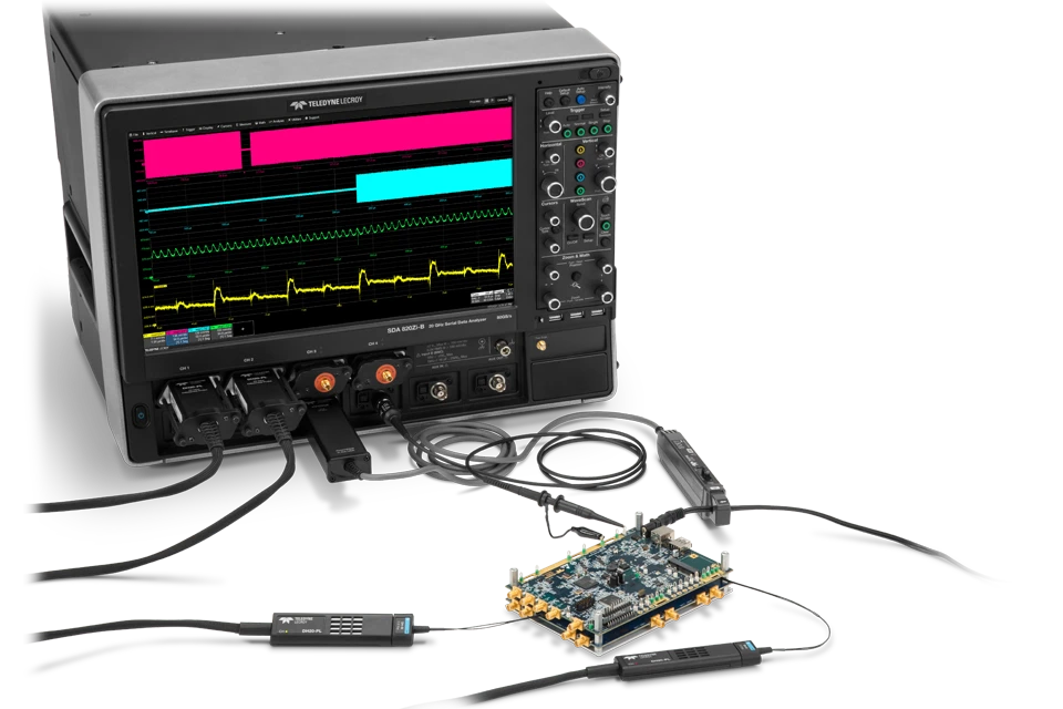 Teledyne LeCroy WaveMaster 8 Zi-B示波器测试电路板，带无源探头、电流探头、有源FET探头、高带宽差分探头。