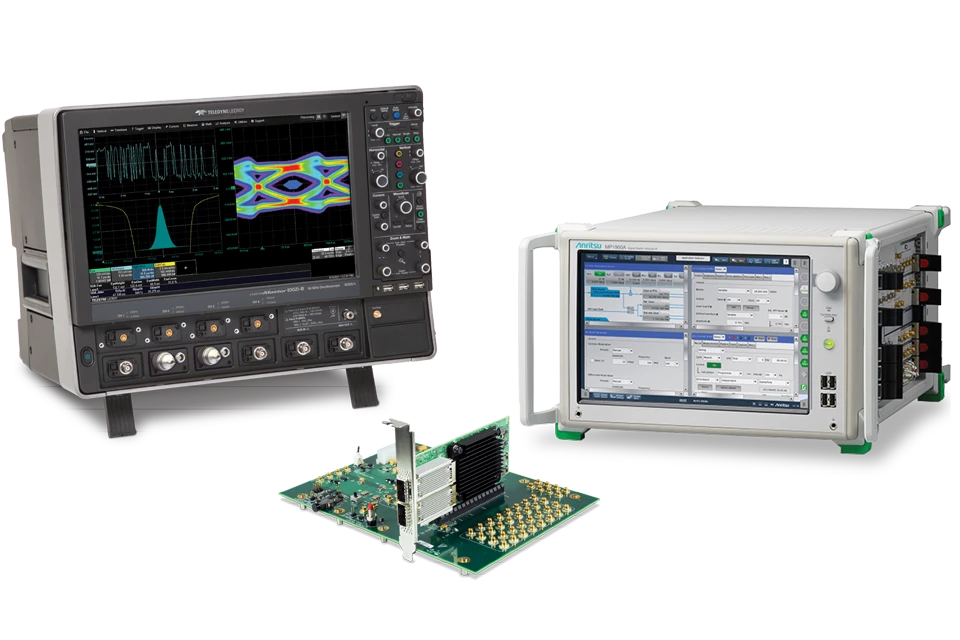 Teledyne LeCroy WaveMaster 8 Zi-B 示波器和 Anritsu MP1900A BERT，带有连接到印刷电路板的 PCI Express 附加卡。